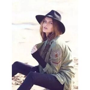 Free People Embellished Beaded Distressed Green Military Shirt Jacket Shacket XS